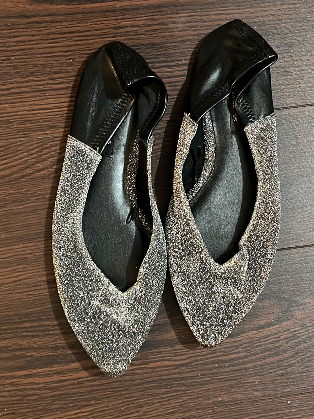 Sparkle Pointed Ballet Flats in Silver and Black
